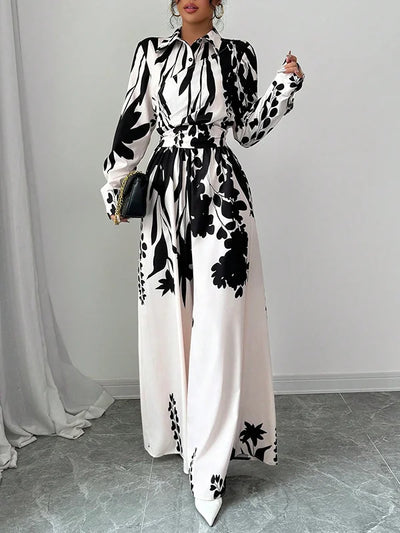 Long Sleeves Loose Floral Printed Split-Joint Tied Waist Lapel Jumpsuits