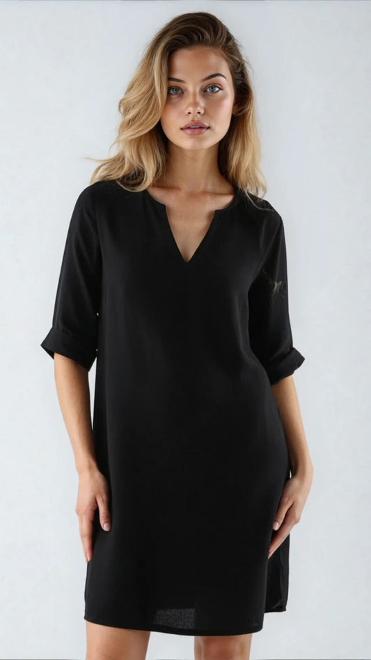 Liora | Women’s Elegant V-Neck Black Shift Dress