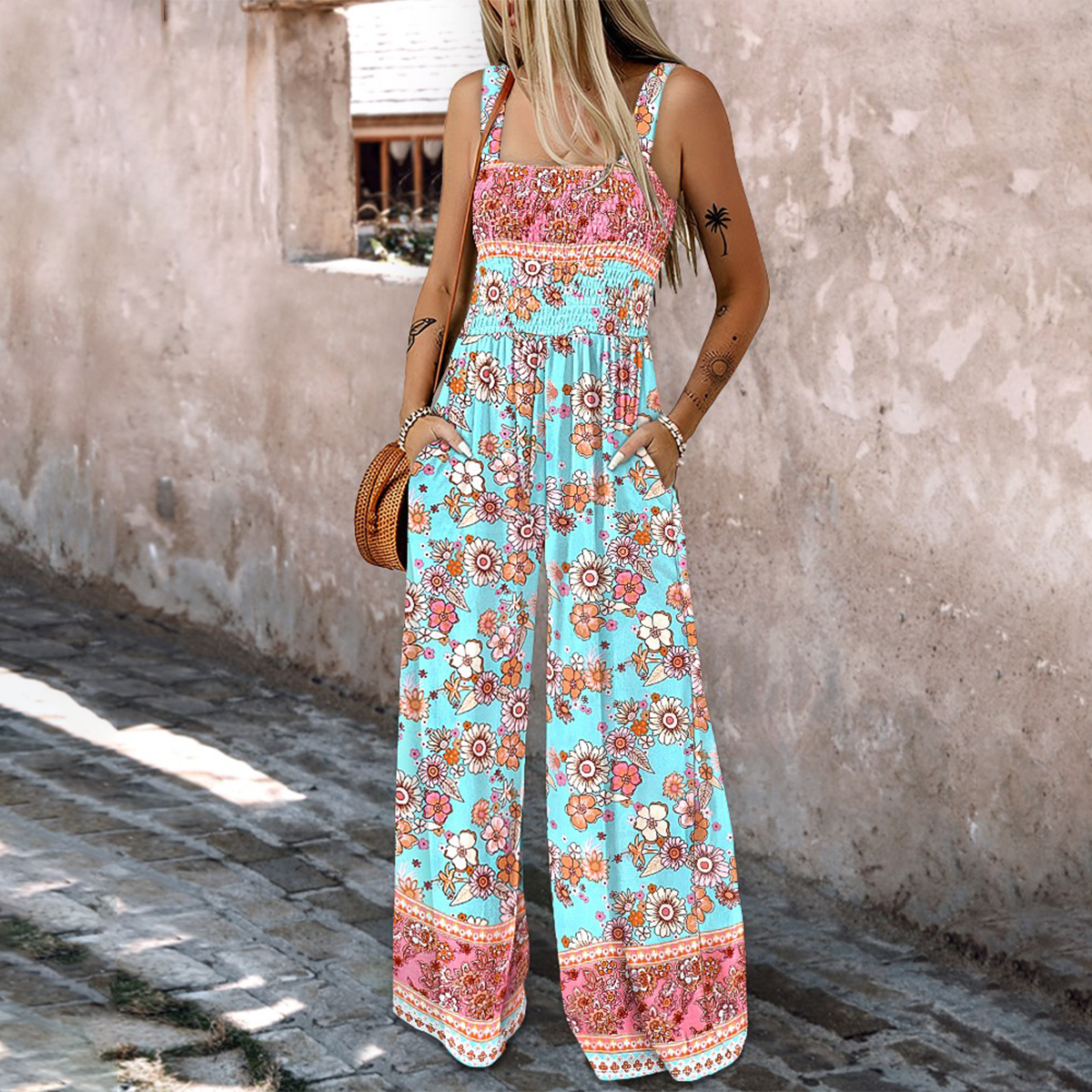 Chic Side Pocket Floral Print Jumpsuit