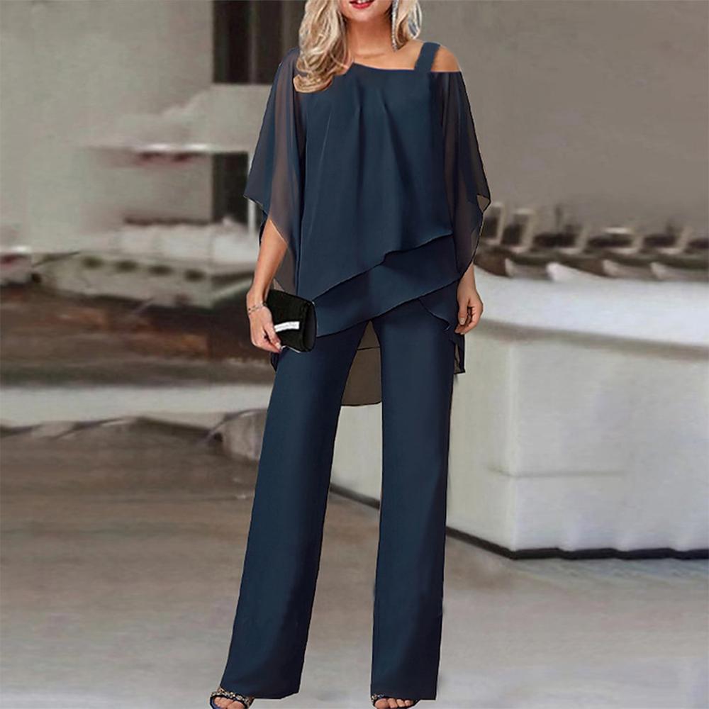 Navy Cold Shoulder Ruffled Tiered Top and Pants Two Piece Set