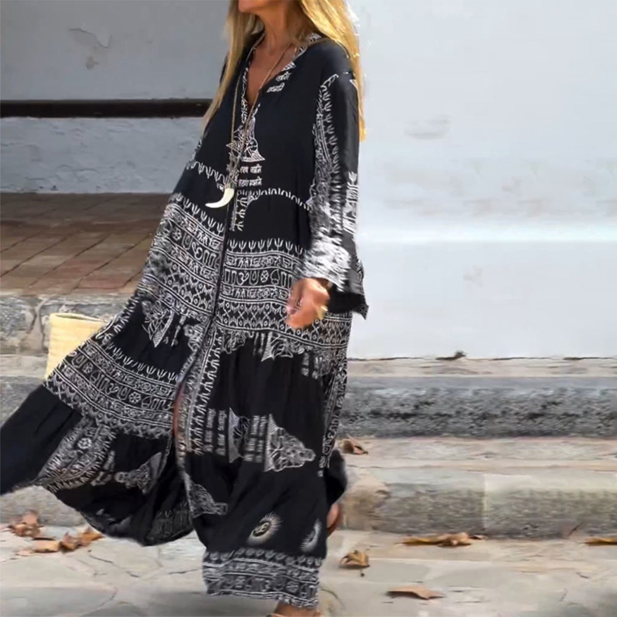 Trendy V-Neck Bell Sleeve Maxi Dress