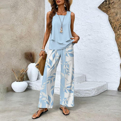 Blue Plant Print Square Neck Two Piece Set