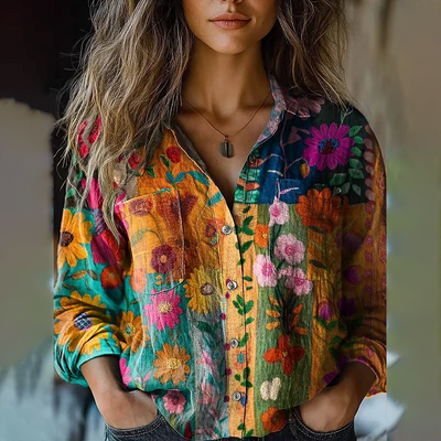 Showy Floral Print Collared Long Sleeve Shirt