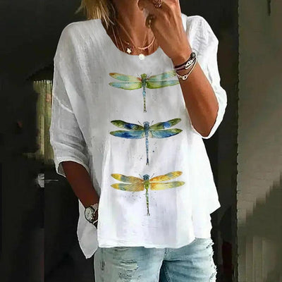 Unique Dragonfly Print Round Neck Top