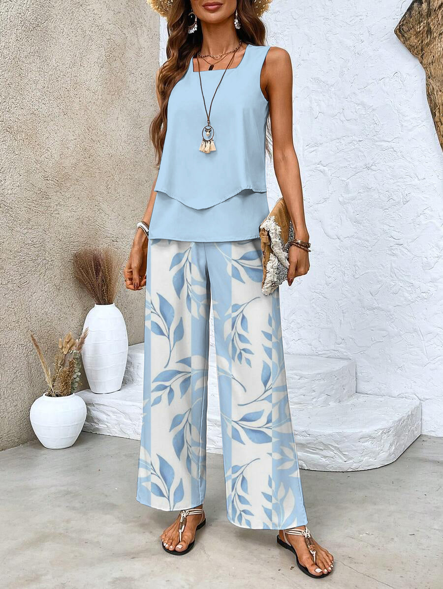 Blue Plant Print Square Neck Two Piece Set