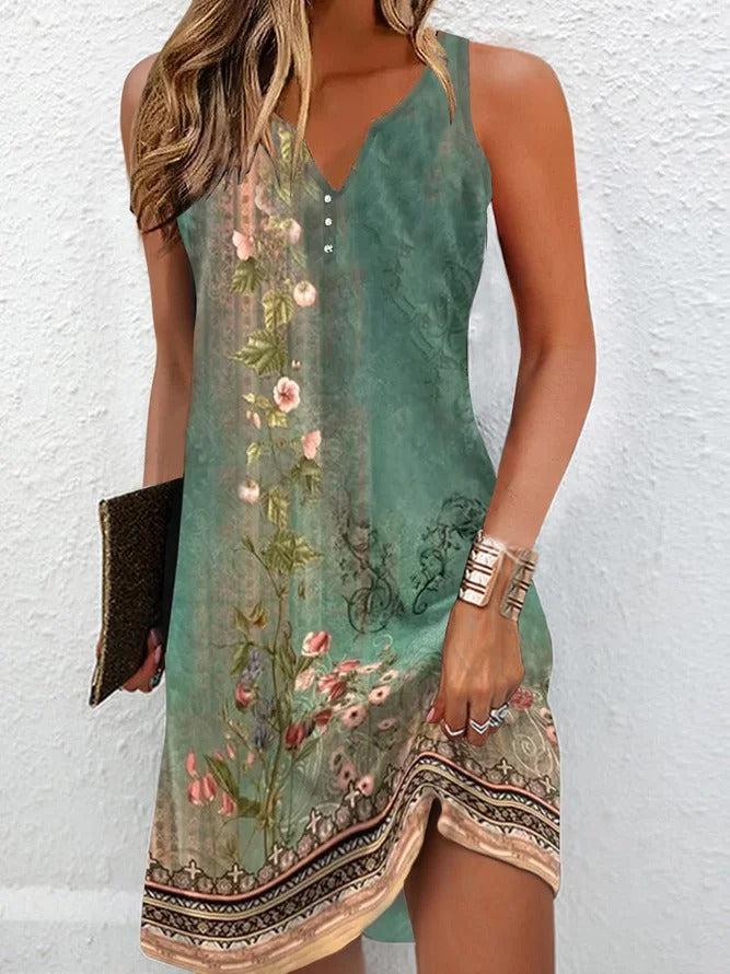 Green V-Neck Sleeveless Mini Dress