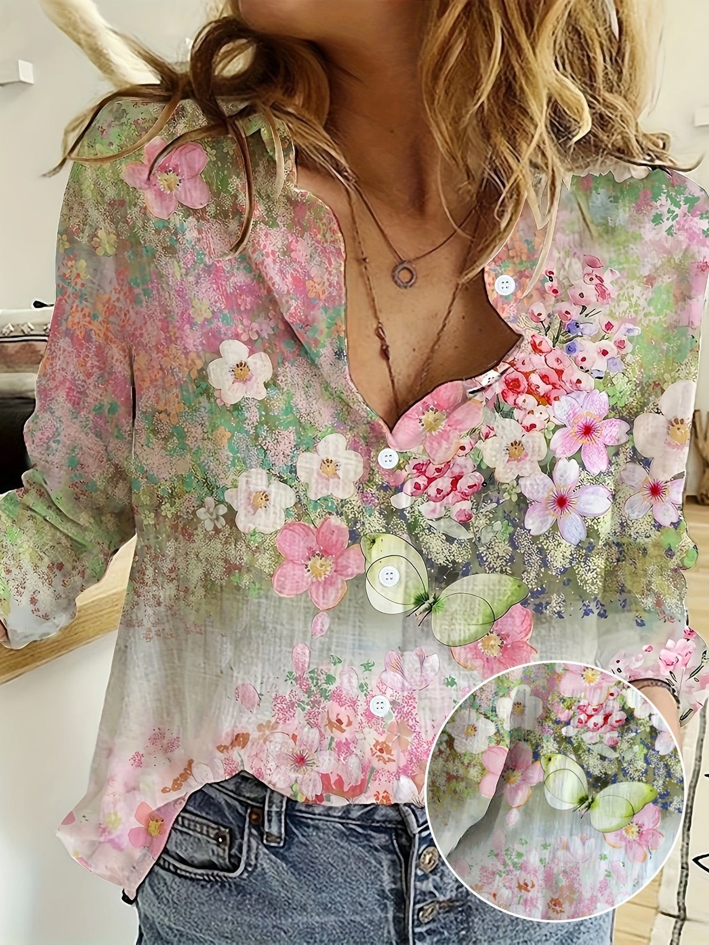 Mira™ | Floral Print Long Sleeve Collared Shirt