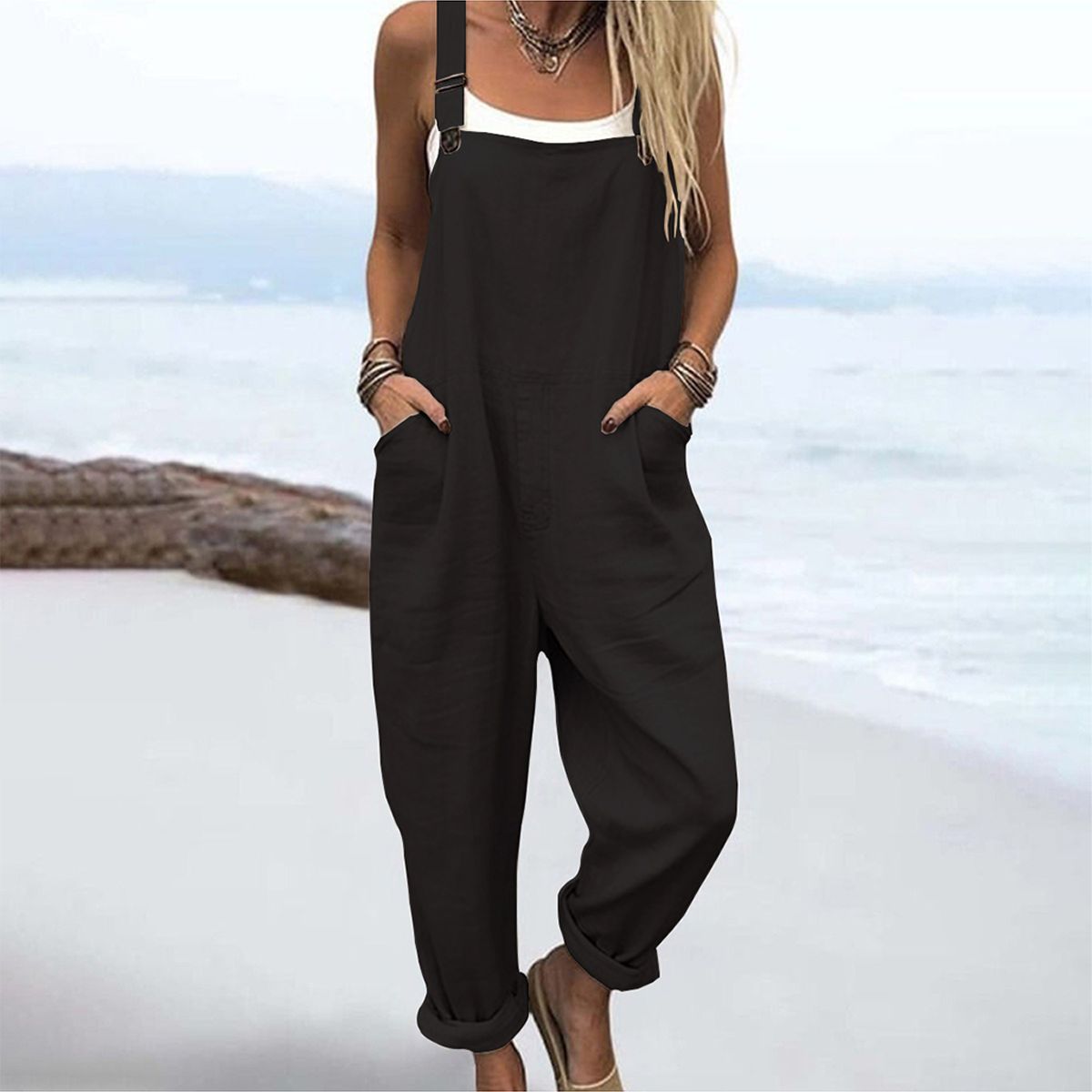 Black Plain Sleeveless Strap Jumpsuit