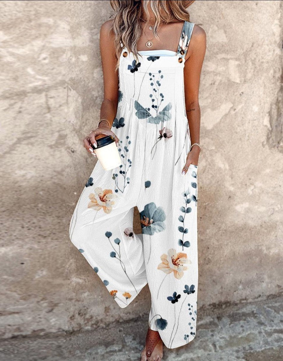 Breezy Plant Print Sleeveless Jumpsuit