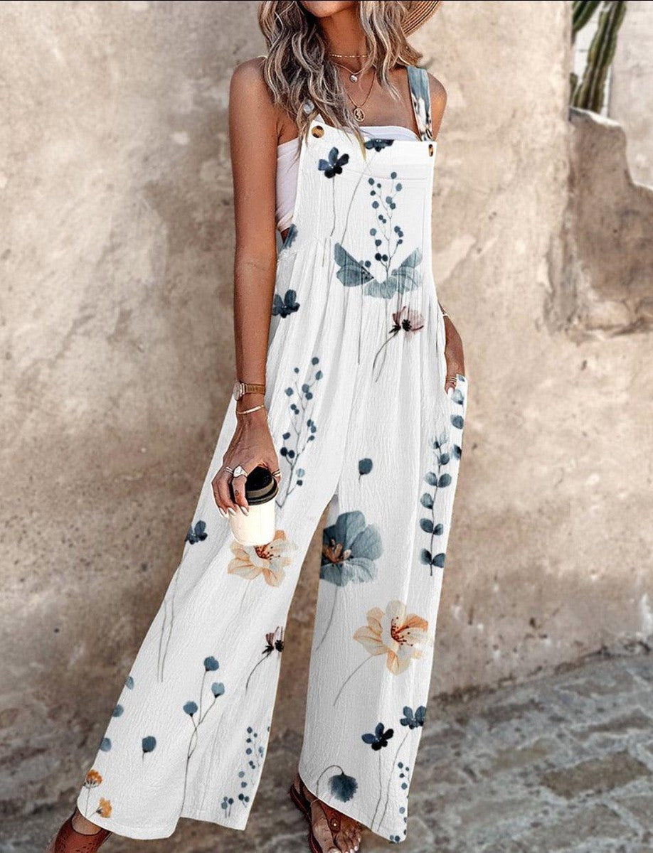 Breezy Plant Print Sleeveless Jumpsuit