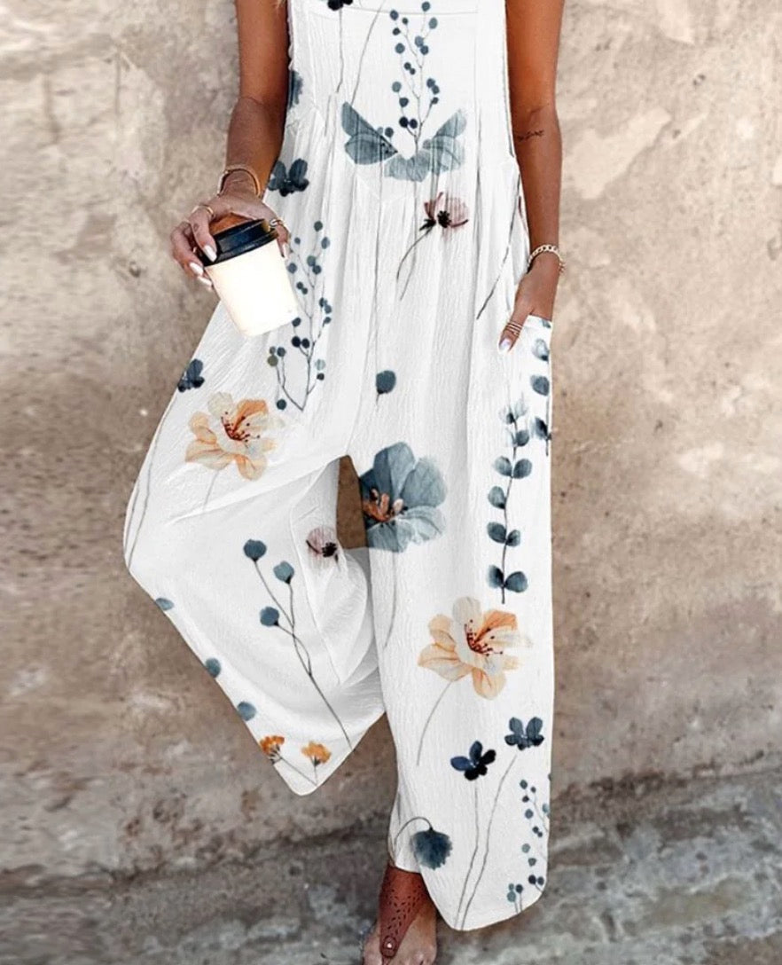 Breezy Plant Print Sleeveless Jumpsuit