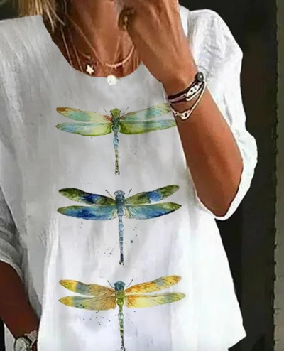 Unique Dragonfly Print Round Neck Top