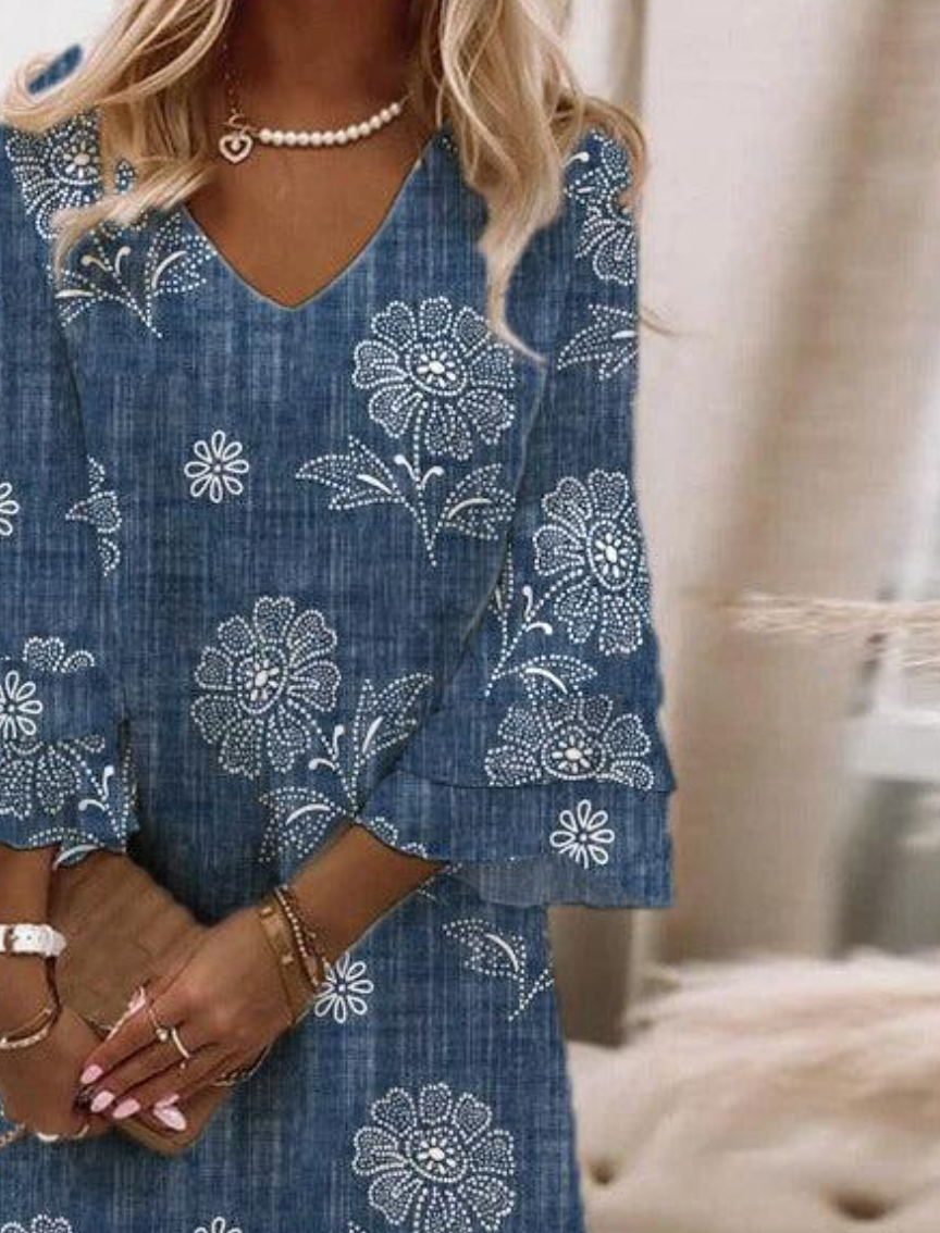 Blue Floral Print 3/4 Sleeve Mini Dress