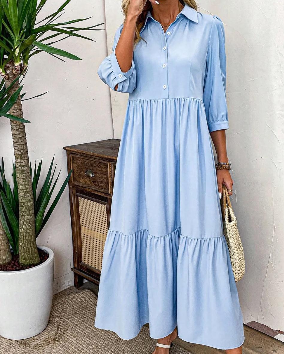 Blue Plain 3/4 Sleeve Maxi Dress