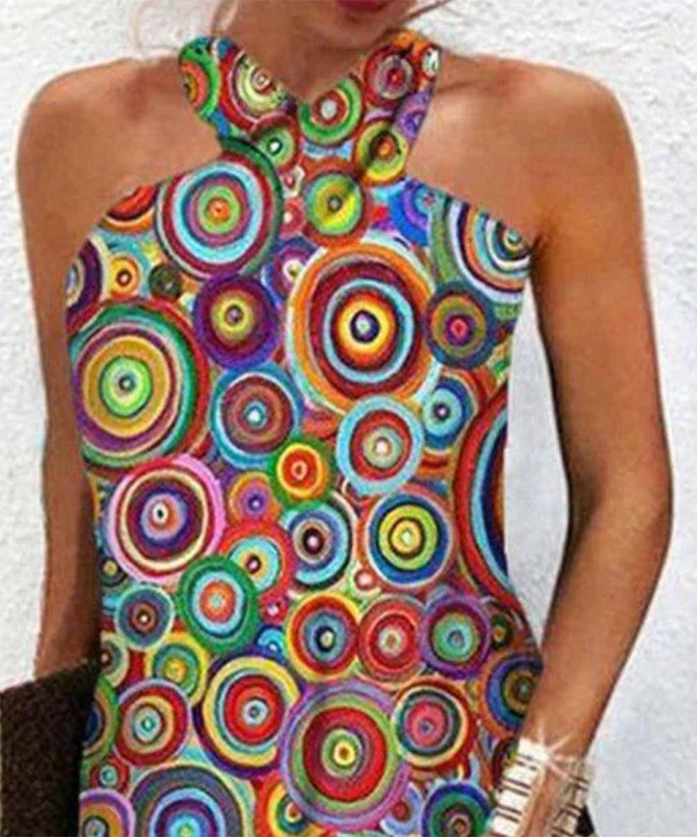 Psychedelic Colorful Spiral Print Halter Mini Dress