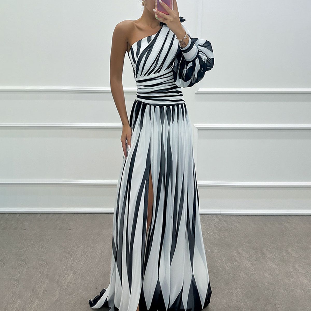 Classy One Shoulder Striped Print Maxi Dress