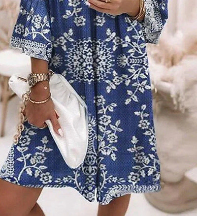 Blue 3/4 Sleeve V-Neck Mini Dress