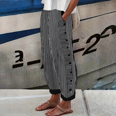 Black Striped Print Side Pocket Pants