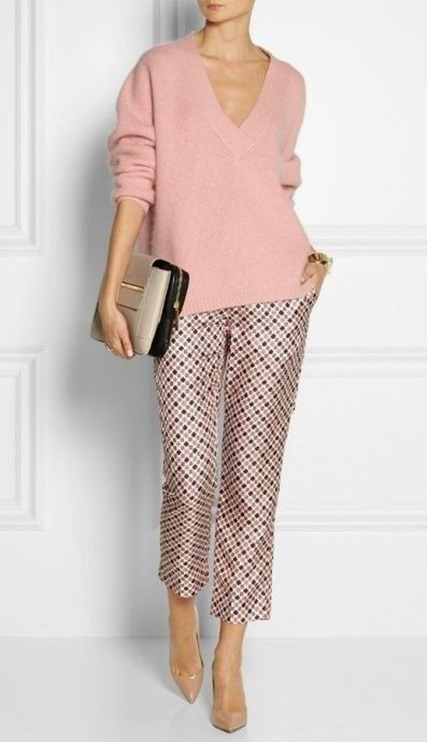 Pink Side Pocket V-Neck Two Piece Set