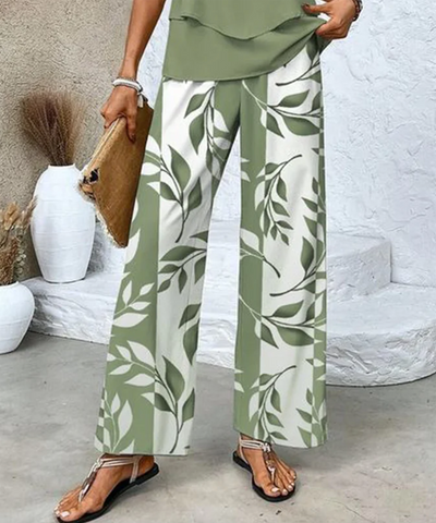 Green Plant Print Square Neck Two Piece Set