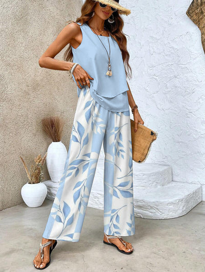 Blue Plant Print Square Neck Two Piece Set