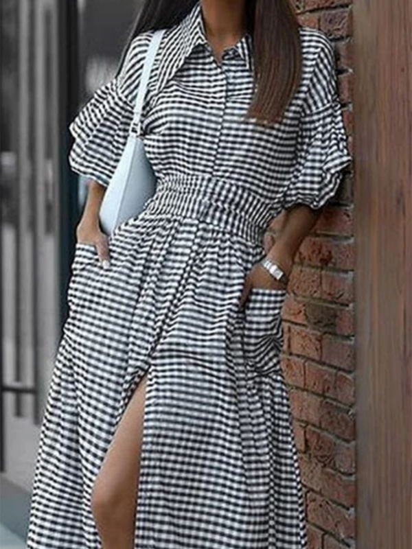 Loose Ruffle Sleeves Buttoned Plaid Pockets Lapel Maxi Dresses Shirt Dress