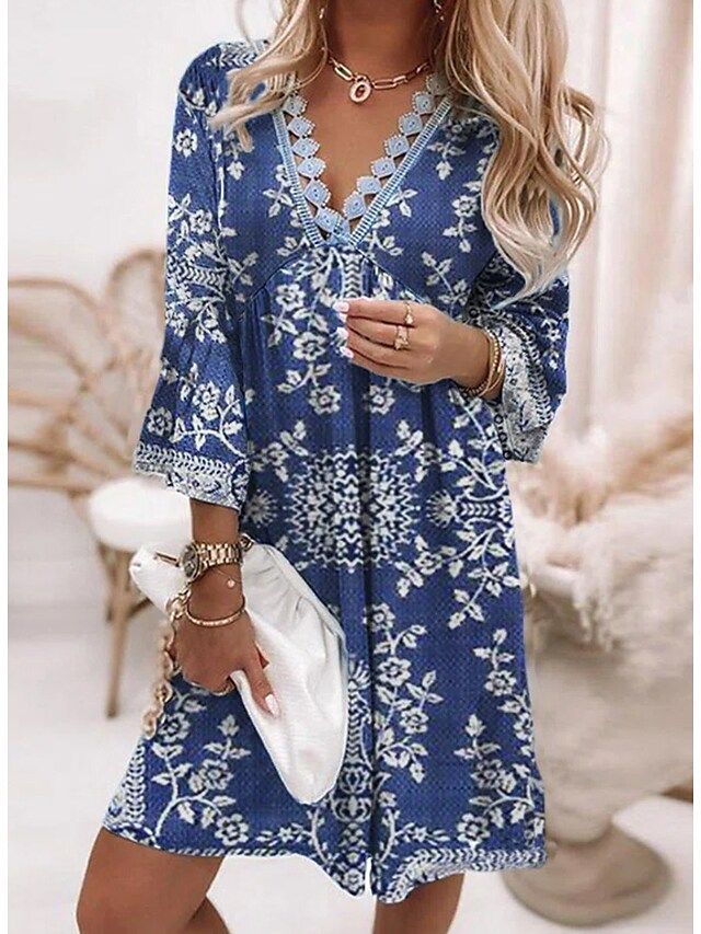 Blue 3/4 Sleeve V-Neck Mini Dress