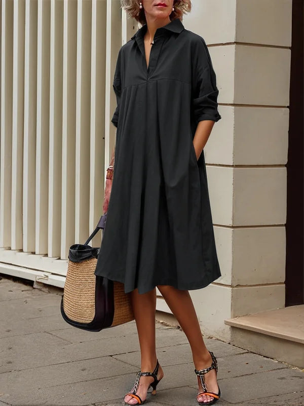 A-line Long Sleeves Buttoned Pleated Pockets Solid Color Lapel Midi Dresses Shirt Dress