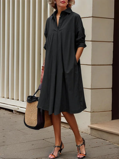 A-line Long Sleeves Buttoned Pleated Pockets Solid Color Lapel Midi Dresses Shirt Dress