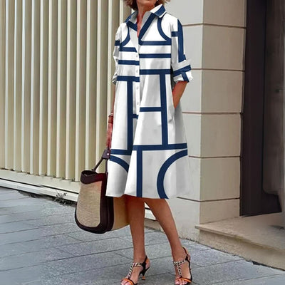 Trendy Striped Print Collared Midi Dress