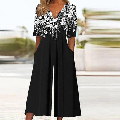 Black Floral Print Half Sleeve Jumpsuit