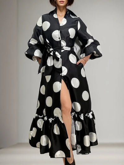 Loose Puff Sleeves Pleated Polka-Dot Split-Joint Tied Waist Tiered Lapel Maxi Dresses Shirt Dress