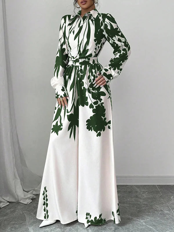 Long Sleeves Loose Floral Printed Split-Joint Tied Waist Lapel Jumpsuits