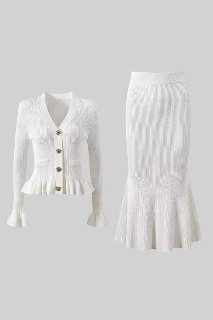 Pippa™ | White Ruffled Jacket & Flared Skirt Knit Matching Set