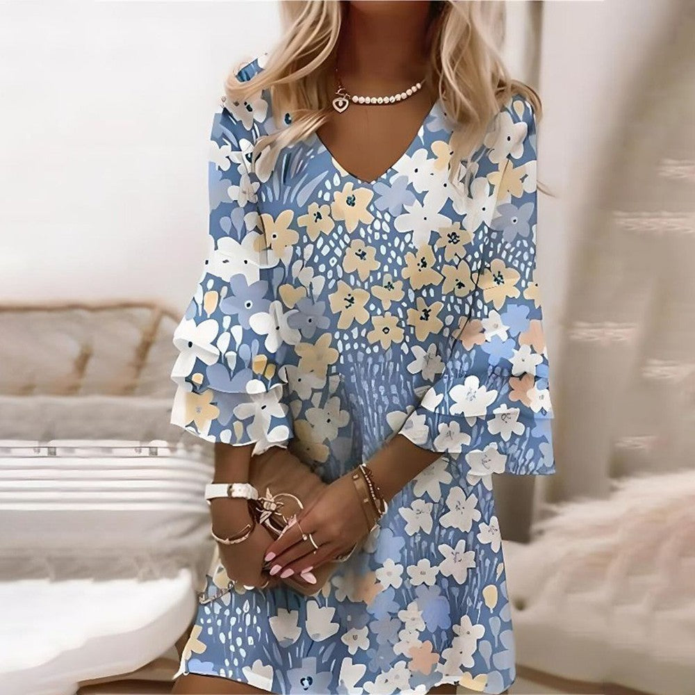 Blue Floral Print V-Neck Mini Dress