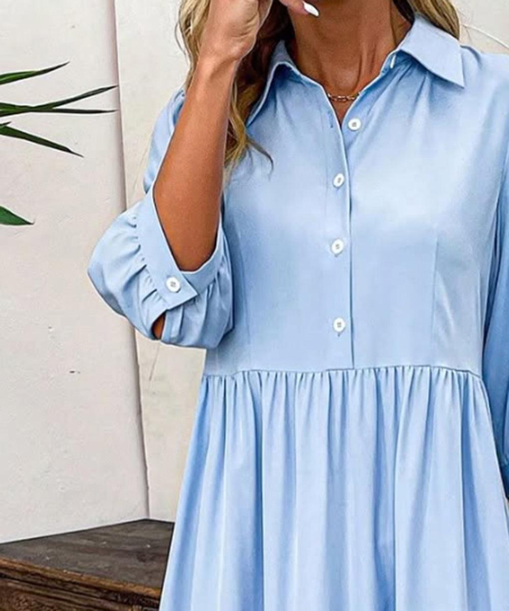 Blue Plain 3/4 Sleeve Maxi Dress