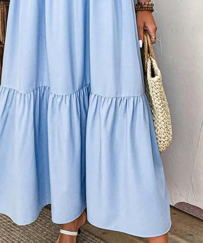 Blue Plain 3/4 Sleeve Maxi Dress