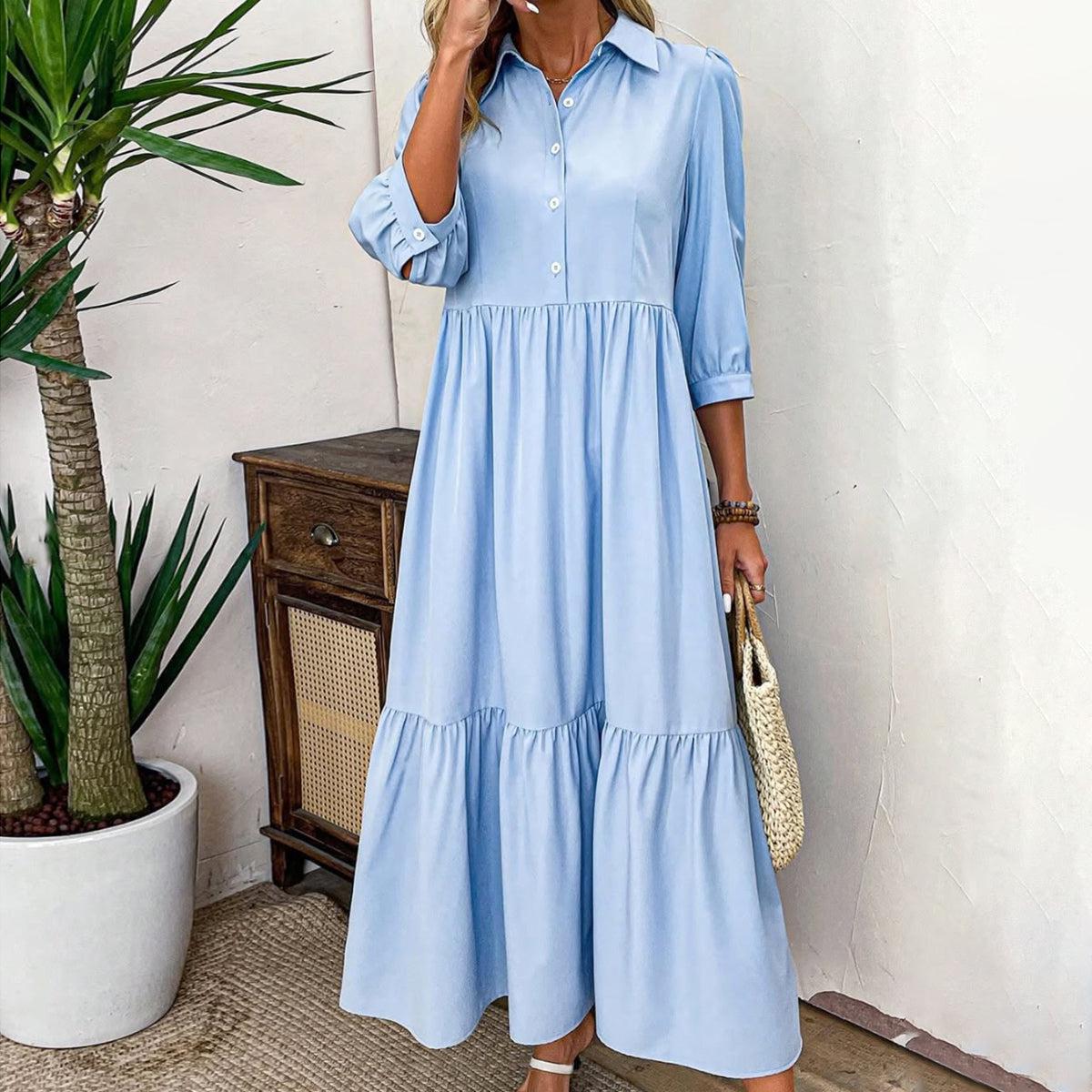 Blue Plain 3/4 Sleeve Maxi Dress