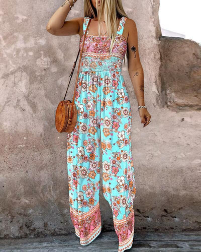 Chic Side Pocket Floral Print Jumpsuit