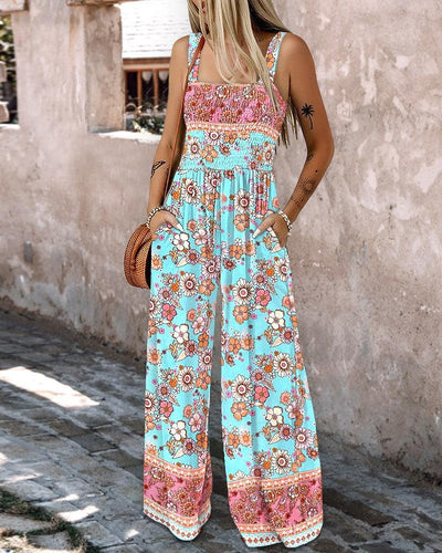 Chic Side Pocket Floral Print Jumpsuit