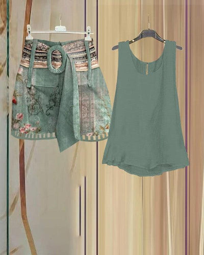 Fresh Sleeveless Green Two Piece Set