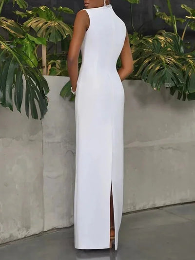 Loose Sleeveless Contrast Color Shiny Split-Back Mock Neck Maxi Dresses