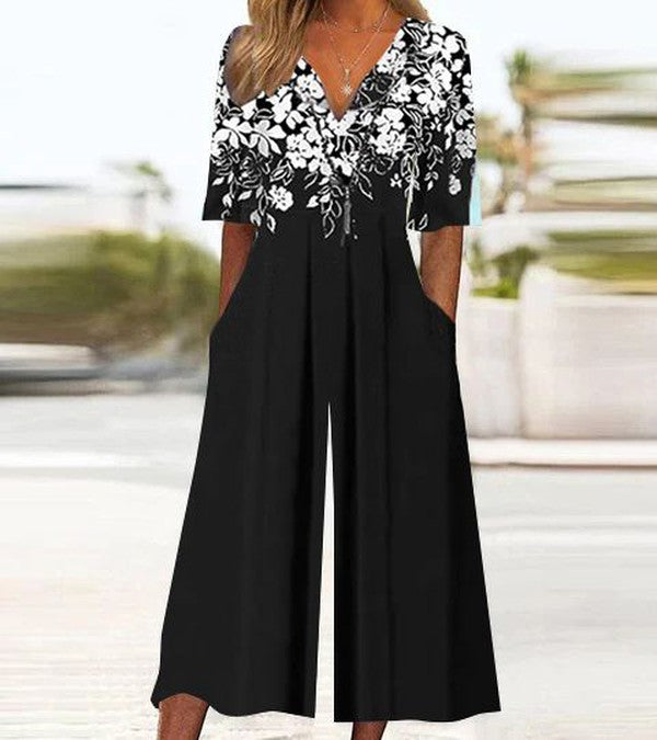 Black Floral Print Half Sleeve Jumpsuit