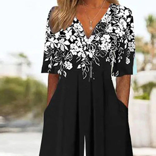 Black Floral Print Half Sleeve Jumpsuit