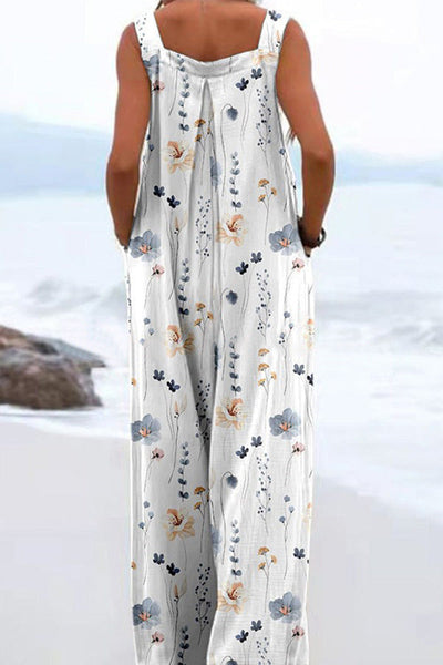 Breezy Plant Print Sleeveless Jumpsuit