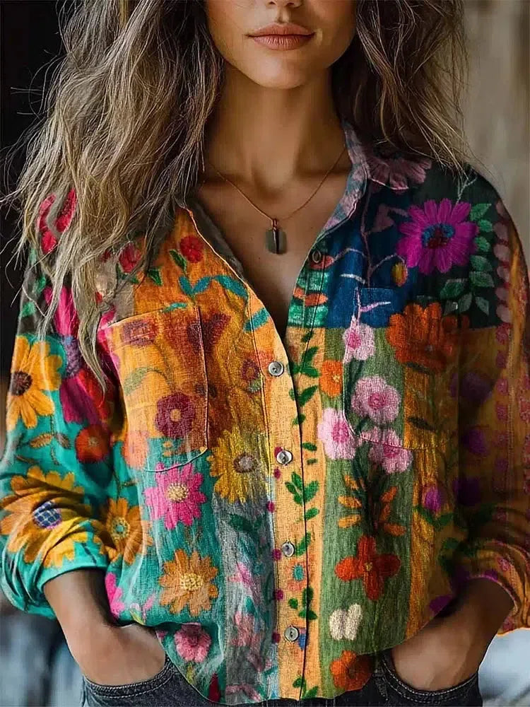 Showy Floral Print Collared Long Sleeve Shirt