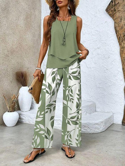 Green Plant Print Square Neck Two Piece Set