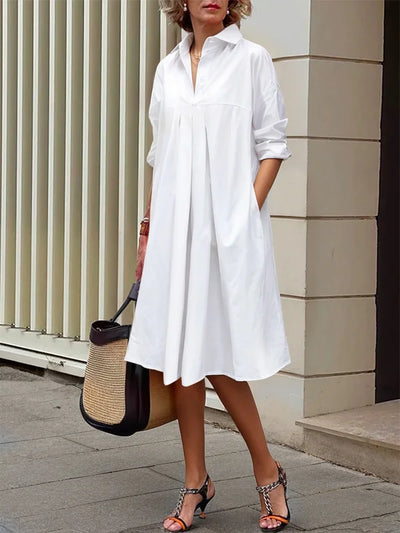 A-line Long Sleeves Buttoned Pleated Pockets Solid Color Lapel Midi Dresses Shirt Dress