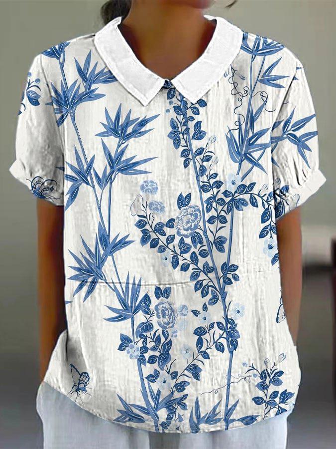 Blue Short Sleeve Floral Print Top