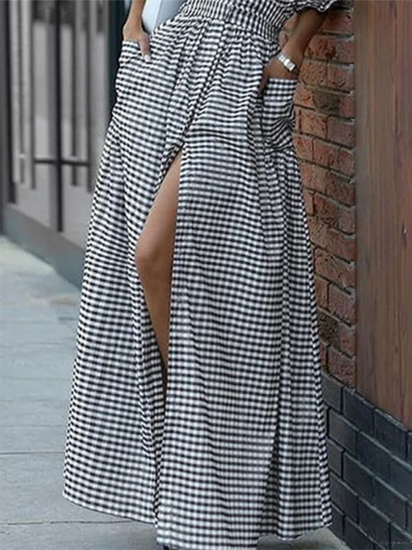 Loose Ruffle Sleeves Buttoned Plaid Pockets Lapel Maxi Dresses Shirt Dress